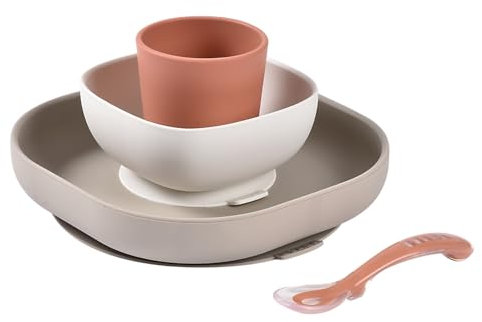 BEABA, Set de Comida para Bebé de Silicona, Con Ventosa, Antideslizante, 4 Piezas, Plato + Tazón + Vaso + Cuchara, Silicona Sana y Duradera, Apta para Lavavajillas y Microondas, Terracota