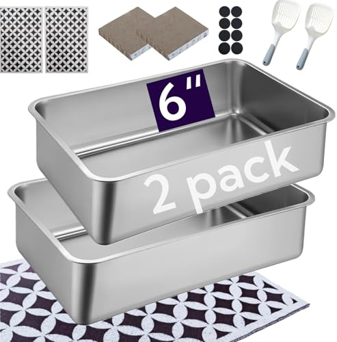 Spindro Edelstahl Katzentoilette 2er Set mit hohem Rand | geruchsneutral & leicht zu reinigen | rutschfeste Metallwanne für Katzen und Kleintiere, 45cm×34cm×15cm