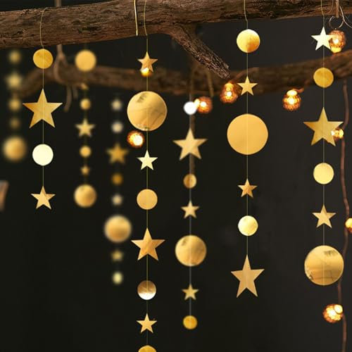 DazzJoy Hängende Papier Girlande Sterne,4M x 3 Gold Girlande Geburtstag,Girlanden Kinderzimmer,Rund und Stern Girlanden für Party Deko Silvester Karneval Jubiläen Hochzeit Kindergeburtstag Deko