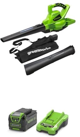 40V Akku-Laubsauger/Laubbläser Greenworks mit bürstenlosem Motor GD40BV, 280 km/h, 9,63 m³/min, 45L Fangsack, 3 Jahre Garantie & 2A Universal Ladegerät + 4Ah Lithium-Ionen Akku GSK40B4