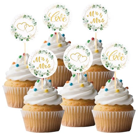 Gleevio Mr & Mrs Cupcake Topper Hochzeit, 24 Stück Tortendeko Hochzeit, Mr und Mrs Tortenstecker, Hochzeitstorte Deko, Muffin Deko Mr Mrs Tortenstecker 5x10,2cm für Antrag, Verlobung, Hochzeitsfeier