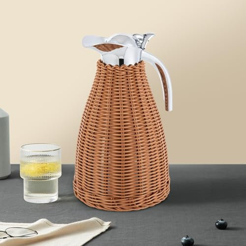 Jarra térmica de acero inoxidable, cuerpo de ratán hecho a mano, 12 horas de calor y 24 horas de retención de frío, ideal para café, té, leche y agua