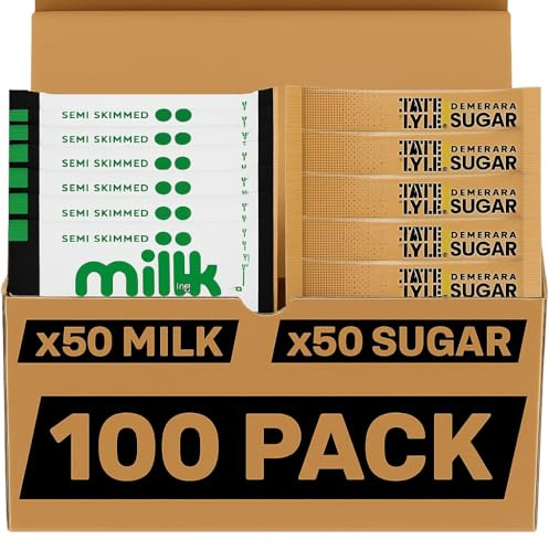 100 Sachets Bundle: Long Life Semi Skimmed Milk & Sugar Sticks, 50x Individual Milk and 50x Brown Sugar Portions for Coffee, Tea – Ideal for Office, Travel, Camping & Home Use