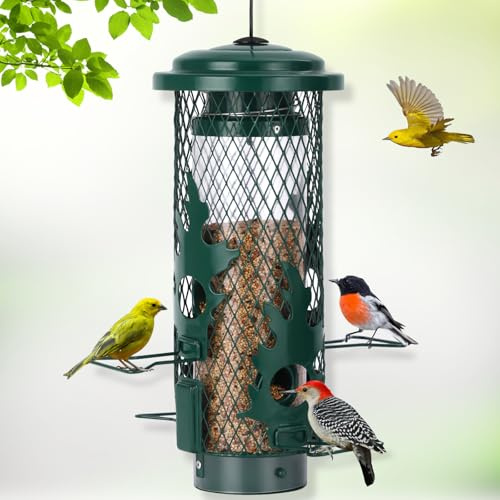 Gbekery Squirrel Proof Bird Feeder for Outdoors Hanging, Metal Mesh Bird Feeder for Outsides with Gravity Protection for Small Birds, Weatherproof and Durable, 2LB Capacity, Green