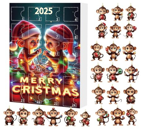 Acryl Affe Anhänger Weihnachten Advent - 24 Tage 2D Anhänger Ornamente, Acryl Dekorative Anhänger Mit Tieren | Affe Muster Baumschmuck Für Wohnung, Haus, U