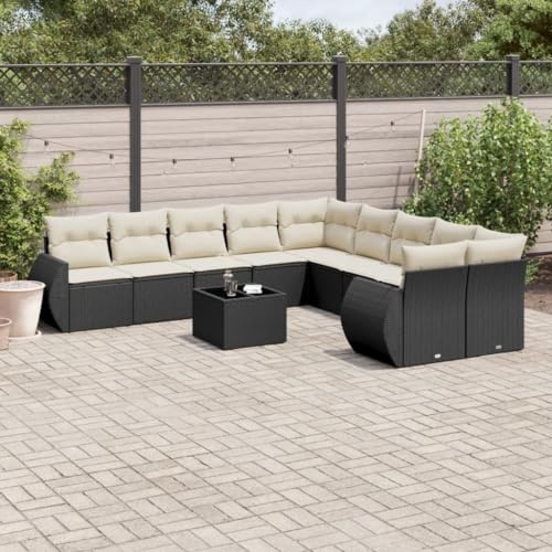 Hoopleep 11-TLG. Garten-Sofagarnitur Schwarz, Poly Rattan Lounge Set mit Tisch, Glasplatte, Kissen, UV-beständig, für Terrasse, Balkon, Außenbereich