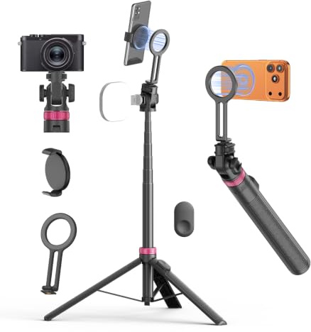 175cm Magnético Tripode para Movil, Palo Selfie Tripode para iPhone | Rotación 360°, Extensible Trípode Portátil con Control Remoto, Adaptador de Trípode, para Magsafe, Smartphones y Cámaras
