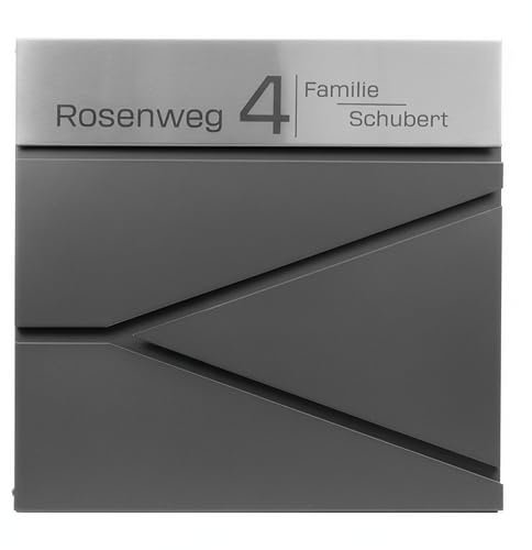 Grafner Premium Briefkasten personalisiert, RAL7016 mit Zeitungsfach und 2 Schlüssel, moderner Postkasten mit Name Straße Hausnummer, anthrazitgrau Wandbriefkasten graviert, mit Montagematerial