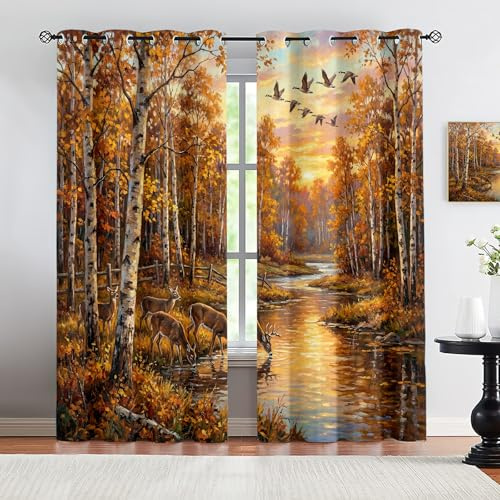 VELOMEA Vorhänge Herbstwald Landschaft mit Hirschen & Birken, Romantischer Sonnenuntergang am Fluss, Ölgemälde Stil Gardine, Verdunkelung Ösenschal Polyester