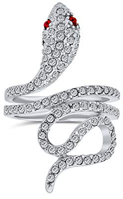 Bling Jewelry Bague Serpent en Spirale Déclaration de Mode pour Femmes Œil Rouge Zircon Cubique Pavé CZ Laiton Plaqué Argent