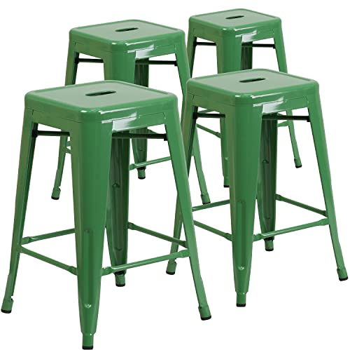 Flash Furniture 61 cm Haute Dos Nu en métal Noir intérieure/extérieure Comptoir Hauteur Tabouret avec Assise carrée, Métal, Green, 4 Pack