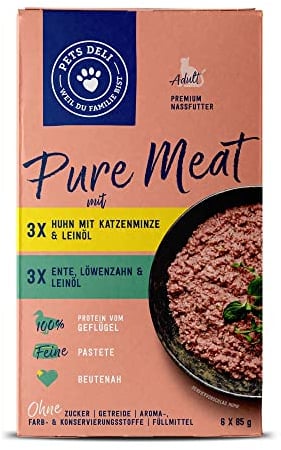 Pets Deli Pure Meat Nassfutter Multipack für Katzen in den Sorten Huhn & Ente ohne Gluten und Zucker 6 x 85g
