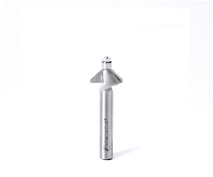 Amana Tool MR0108 Chaflán con mini guía de rodamiento de bolas de 9/16 pulgadas de diámetro, ángulo de 45 grados, broca de fresadora con punta de carburo de 1/4 pulgadas