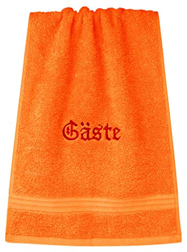 Lashuma Linz Handtuch klein 30x50, Besticktes Gästetuch Orange mit Aufschrift Gäste
