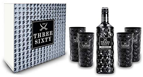 Three Sixty Set/Geschenkset - Three Sixty Black Vodka 1L (42% Vol) + 4x Black Gläser eckig