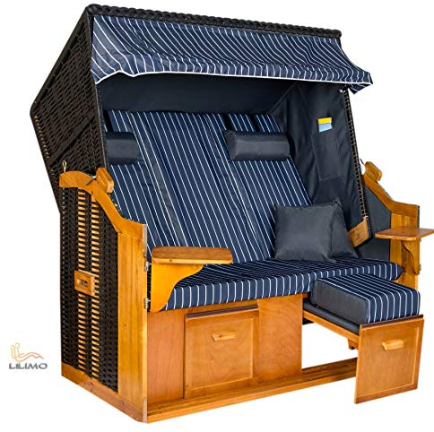 LILIMO - Ostsee Strandkorb Baltic-R XXL | 2-3 Sitzer | Montiert | Geflecht: Anthrazit, Bezug: Blau/Weiß Nadelstreifen | inkl. Schutzhülle | Model BLC