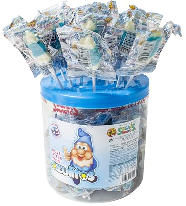Piruleta Azulitos. Caramelo con palo sabor cola. Bote 100 unidades con envuelta individual.