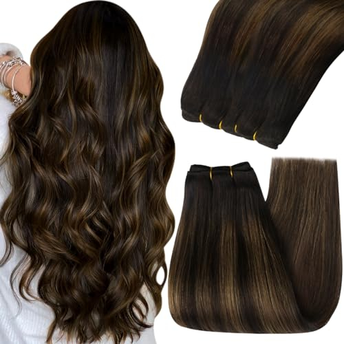 YoungSee Echthaar Tressen Braun Tressen Extensions Echthaar 50 cm Weft Extensions Echthaar Dunkelbraun Balayage Tressen Echthaar zum Einnahen Haartressen Echthaar Weave Extensions 100g #2/2/6