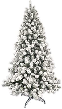 AMERIQUE 691322311365 8 Feet Premium Heavily Flocked Artificial Full Body Shape Christmas Tree with Metal Stand, Hinged Construction, Authentic Look and Feel, Unlit Snowy, 8'
