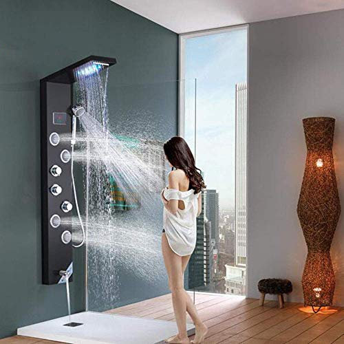 Pantalla Hydro digital con placa de ducha, columna LED de lluvia Cascada Ducha de dos vías Ducha de hidromasaje Bañera Ducha Grifo,Black
