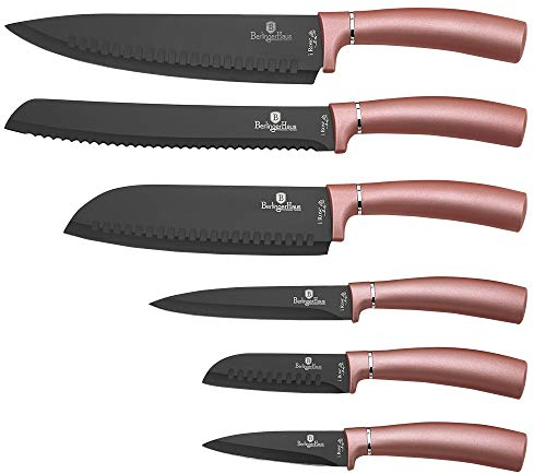 BerlingerHaus Haus I-Rose 6er-Set Profi-Küchenmesser, Klinge aus Edelstahl, Antihaftbeschichtung, Kochen Messer, Zwiebel, Brot, Santoku, Schälen, Ergonomischer Griff, Elegantes Design, BH-2513, Rosa