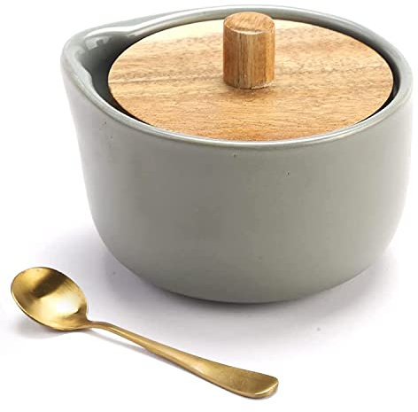 everous Salt Box base grey color Salt Cellar Elegant Design salt Boxes Big Capacity Wood lid grey Ceramic Base with spoon salt pot