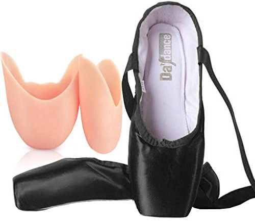 ZESLIV Ballettschuhe mit Silikon Zehenpads für Mädchen Kinder Damen Schwarz Satin Spitzenschuhe Tanzschuhe Ballettschläppchen Gr.31-43