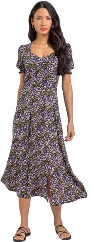 Roman Floral Print Dress for Women UK Ladies Sweetheart Neck Ruched Midi Maxi Long Length Short Sleeve Flattering Casual Summer Spring Party Evening Going Out - Lilac - Size 18