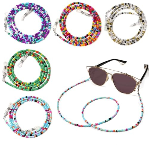 PLABBDPL 5 Pezzi Laccio Occhiali, Catene per Occhiali da Vista con Perline Catenina Occhiali Catena per Occhiali da Sole con Anelli in Silicone Antiscivolo per Donna Uomo (Multicolore)