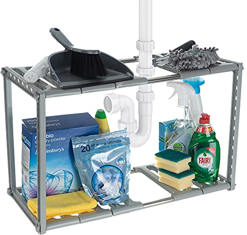 FiNeWaY 2 Tier Extendable Under Sink Storage Caddy, Adjustable Multipurpose Kitchen Organiser Unit with Stainless Steel Pipes - Grey