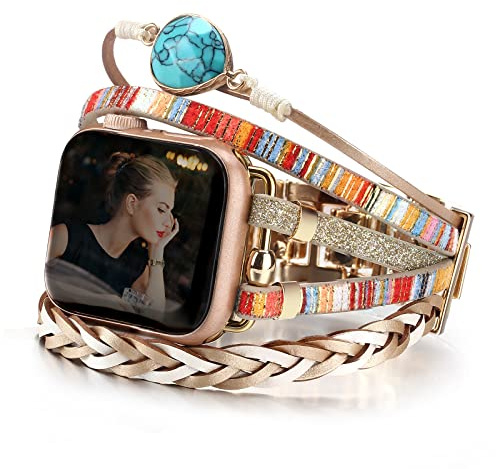 CHARMINGO Pulsera de piel Boho compatible con Apple Watch Bands para mujeres y hombres 38/40/41/42/44/45/46/49 mm, correa de vestir para iWatch Series 11 10 9 8 7 6 5 4 3 2 1 SE 3 Ultra 2 3