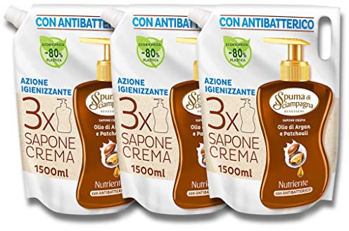 3 PZ Spuma Di Sciampagna Ecoricarica Sapone Liquido Mani Olio di Argan e Patchouli - 4,5 LT