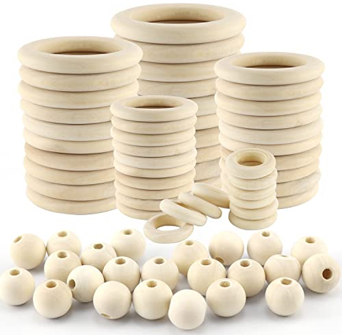 Holzringe und Holzperlen Set Holzringe Zum Basteln Makramee Ringe 50 Stück Macrame Holzperlen 40 Stück Holzring Natürliche für DIY Handwerk Ring Anhänger und Anschlussstück Schmuck Machen