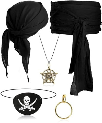 Didaey 5-teiliges Piratenkostüm-Zubehör-Set, Piraten-Augenklappe, große Schärpe, Stirnband, Halskette, Ohrring für Damen und Herren, schwarz