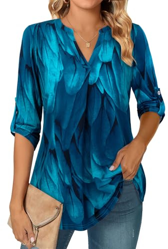 Siddhe Damen Longbluse 3/4 Arm Dreiviertelarm Tunika Shirt Locker Damen Tuniken Blusen Oberteile V-Ausschnitt Langarmshirt Weich Longtunika Freizeit Bluse für Legging XL
