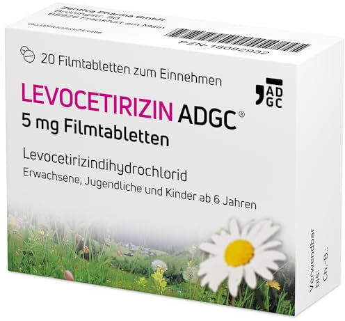 LEVOCETIRIZIN-ADGC® 5mg - 20 Stück - Allergie-Tablette mit vergleichbaren Ergebnissen wie Cetirizin bei halber Dosierung - zur Therapie von Allergiebeschwerden wie Heuschnupfen und Nesselsucht