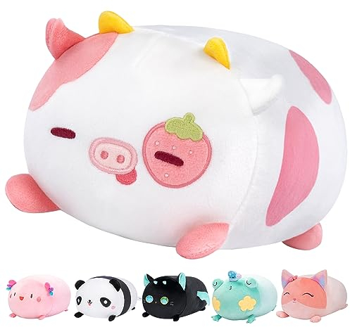 Mewaii Peluche Mucca con Occhi di Fragola, Cuscino Morbido Giocattolo Kawaii 20CM Regalo di Compleanno Natale per Ragazze e Ragazzi