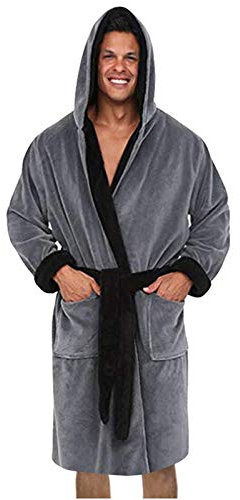 Duohropke Peignoir de bain en coton éponge pour homme - Grande taille - Avec capuche - Longueur genou - Pour sauna, maison, sauna, gris, M