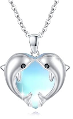 MEDWISE Delfin Kette 925 Sterling Silber Delfine Herz Kette Delfine Anhänger mit Mondstein Herz Halskette Delphin Schmuck für Damen Mutter Frauen Mädchen Ehefrau Freundin Geburtstags geschenke