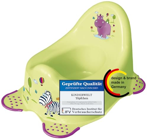 KiNDERWELT Pot de qualité supérieure pour enfants et bébés, design hippopotame, vert, pot pour les tout-petits à partir de 18 mois, dossier haut, antidérapant et sans BPA