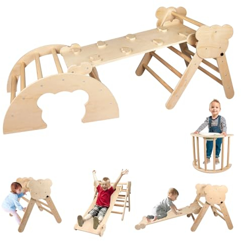 BommJokker Klettergerüst Indoor, Kletterdreieck, Kletterbogen, Kletterdreieck mit Rutsche, 4 in 1 multifunktionaler Indoor Spielplatz für Kinder ab 3+ Jahren (Holzfarbe)