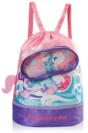 Geoyien Borsa piscina bambina, Borsa piscina bambino, Borsone piscina, Zaino per bambini, borsa spiaggia, borsa impermeabile interna, regolabile, tasca per scarpe individuale, grande capacità (Rosa)