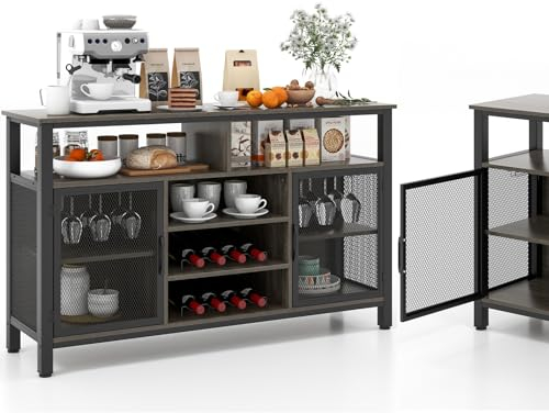 KOMFOTTEU Credenza da Cucina con Portabottiglie e Portabicchieri, Mobiletto Porta TV 60, Armadietto Portaoggetti con Contenitore per Sala da Pranzo, Soggiorno, 140 x 40 x 82,5 cm (Grigio)