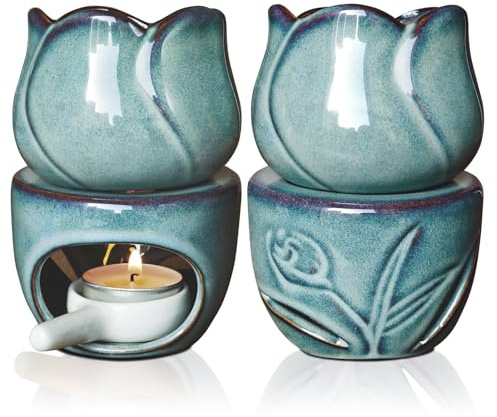 Ceramic Essential Oil Burner Wax Melt Burner Set of 2 with Candle Spoon, Removable Aromatherapy Burner Blue Ceramic Aroma Oil Candle Diffuser Wax Tart Warmer for Home Bedroom Decor