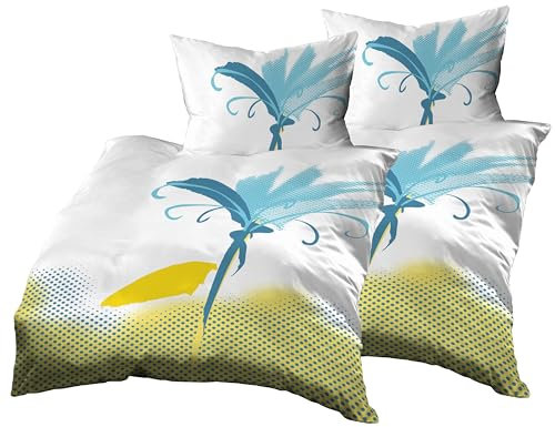 Gerald Wittmann 4teilig Bettwäsche-Set 2X 140x200 cm + 2X 70x90 cm, Baumwolle Renforce, Blumen Blau Weiß Gelb