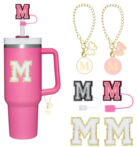 Reusable Straw Cover for Stanley Cup Accessories, 2Pcs Dustproof Straw Covers with Letter Charms and Personalized Name Stickers(M)