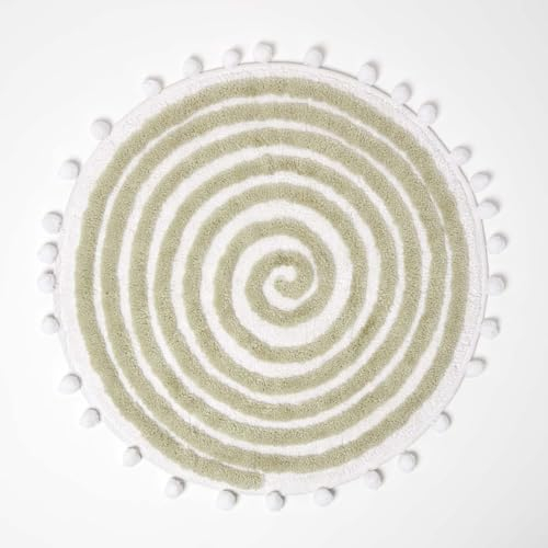 Homescapes Spiralmuster Badteppich getuftet mit Bommeln, runde Badematte 60 cm grün-weiß, Badvorleger Baumwolle