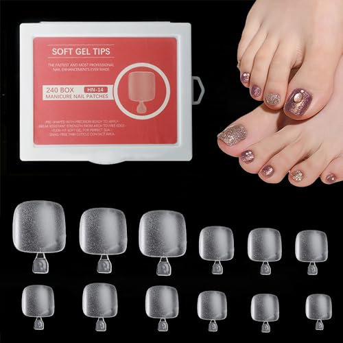 240pcs in Box False Toenails for Big Toe 12 Sizes Soft Gel Nail Tips for Gel Extensions Toe Nails Artificial Square Clear Double Matte False Toe Nails for Women Girls Salon and Home DIY Toe Nail Tips