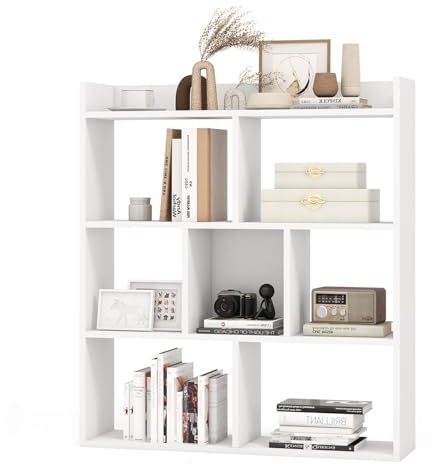 HOMASIS Bücherregal mit 7 Würfeln, Würfelregal mit offenen Fächern & Ablagen, Standregal aus Holz, Aufbewahrungsregal mit Kippschutz, Raumteiler für Wohnzimmer Arbeitszimmer Büro, 80x20x90cm (Weiß)