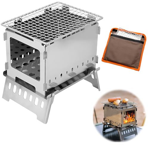 DAWRIS Fornello da campeggio a legna Hobo Fornello pieghevole con custodia, 3 in 1, da campeggio, in legno, in acciaio inox, per campeggio, attività all'aperto, cucina, escursionismo